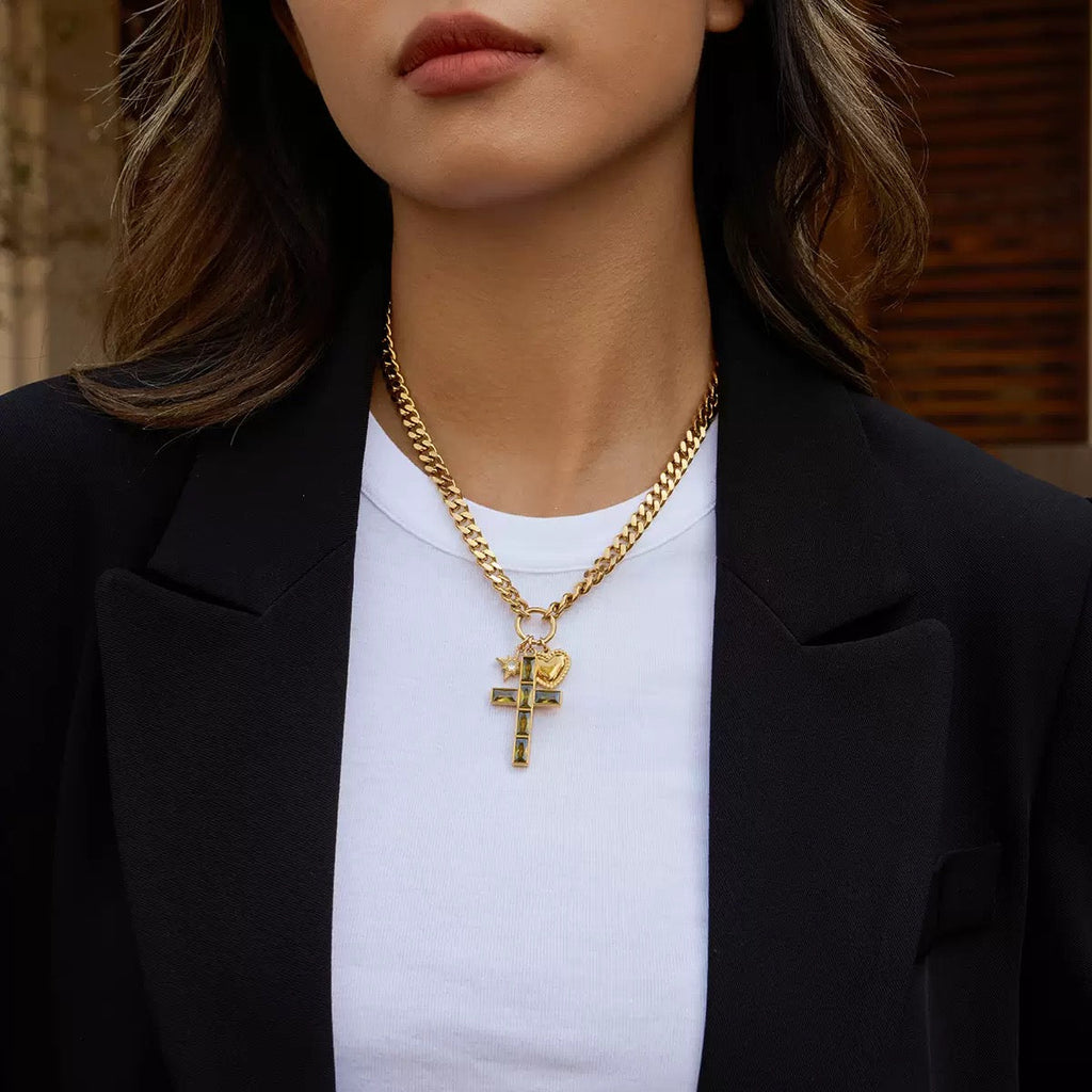 14K Gold Cross Pendant Curb Chain Necklace
