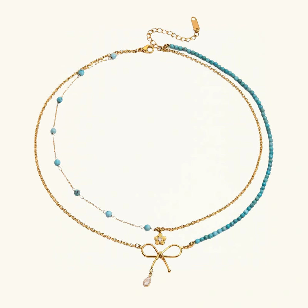 14K Gold Turquoise Bow Layered Necklace