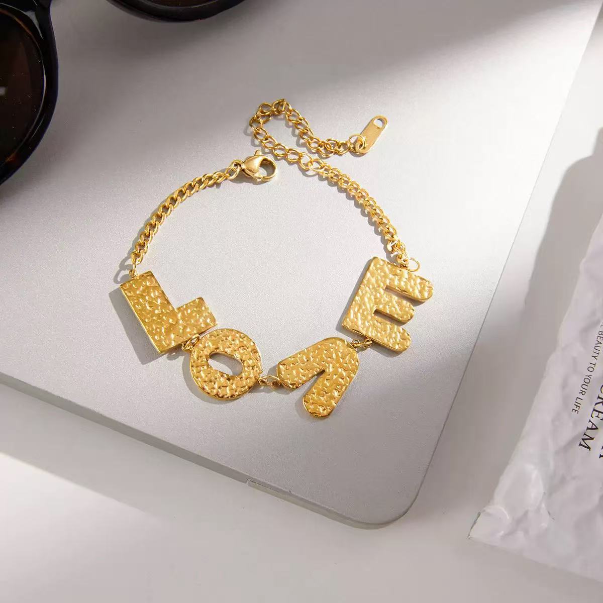 14K Gold Hammered “LOVE” Bracelet