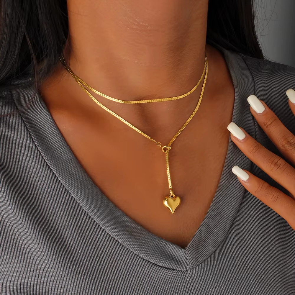 14K Gold Heart Pendant Sweater Necklace