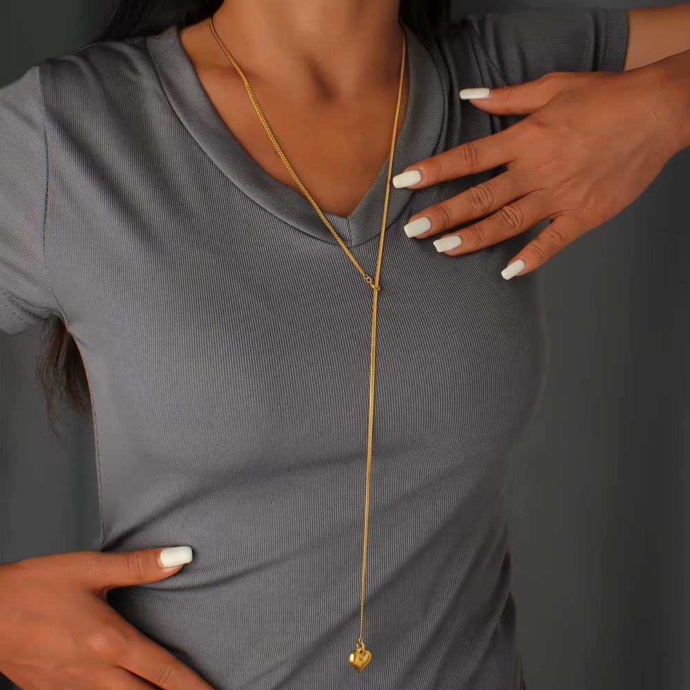 14K Gold Heart Pendant Sweater Necklace