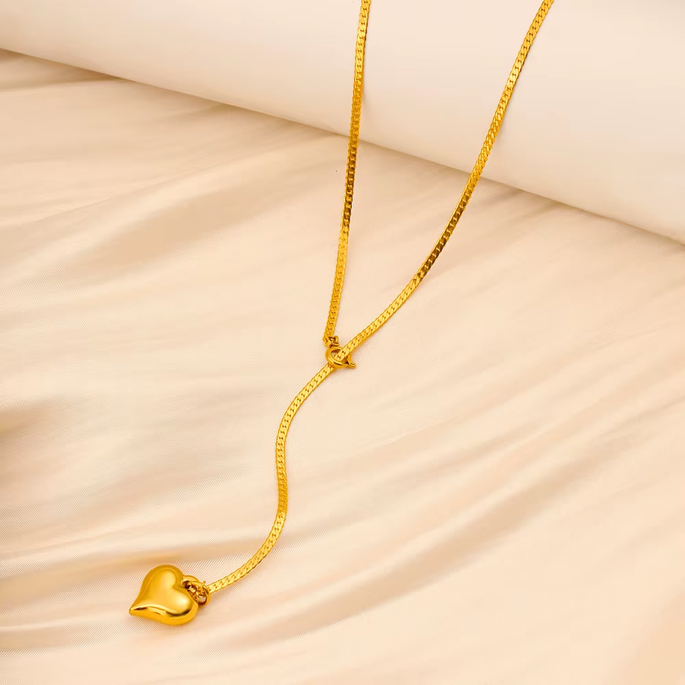 14K Gold Heart Pendant Sweater Necklace
