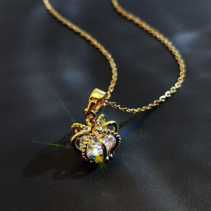 14K Gold Crystal Crown Pendant Necklace