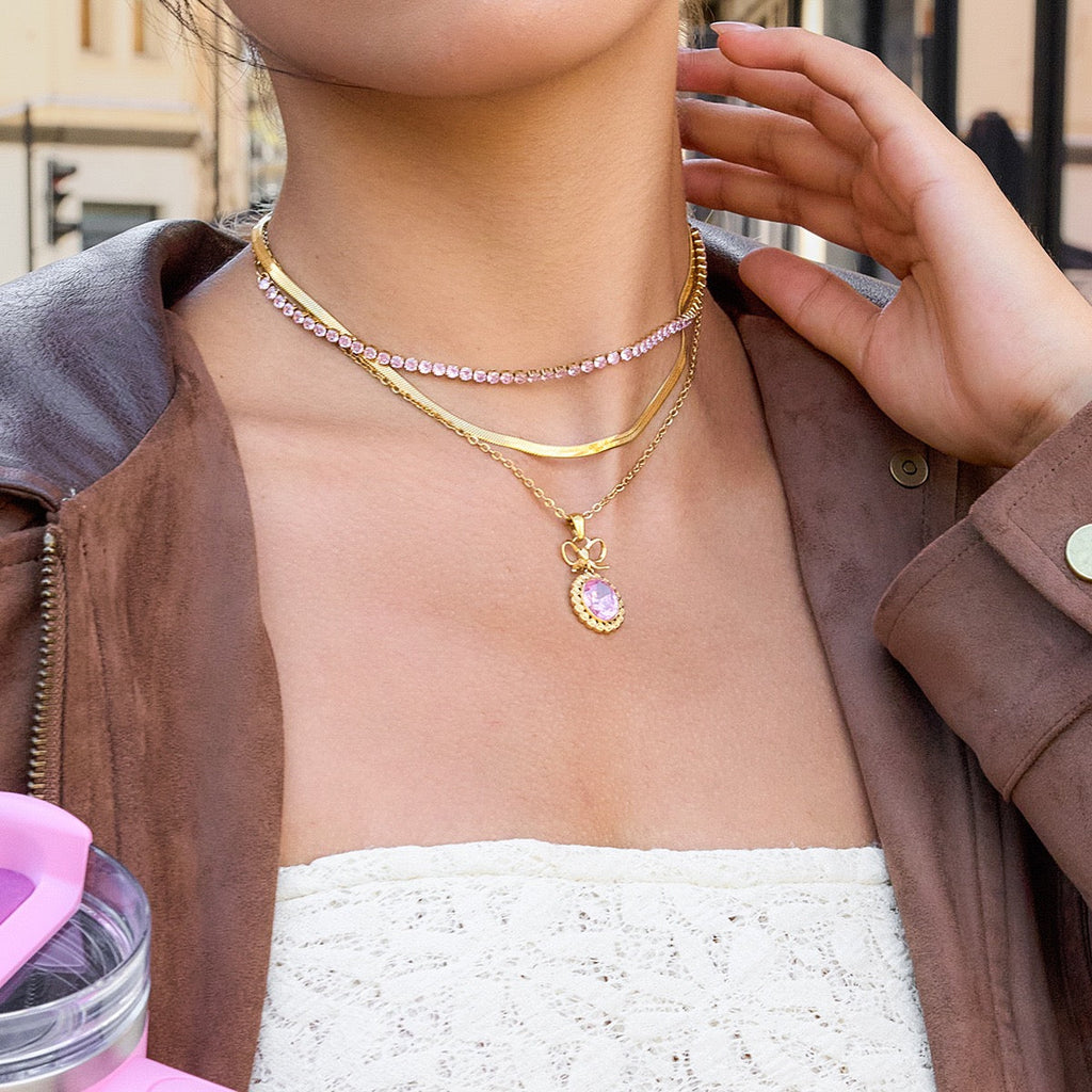 14K Gold Vintage Bow Gem Pendant Necklace