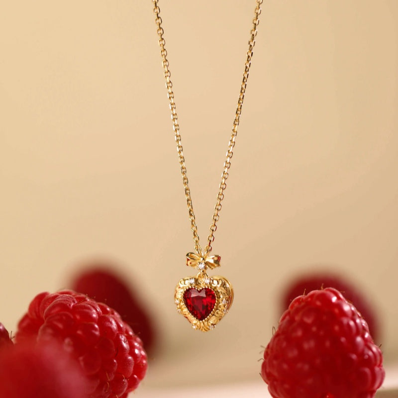 Vintage Ruby Heart Bow Necklace