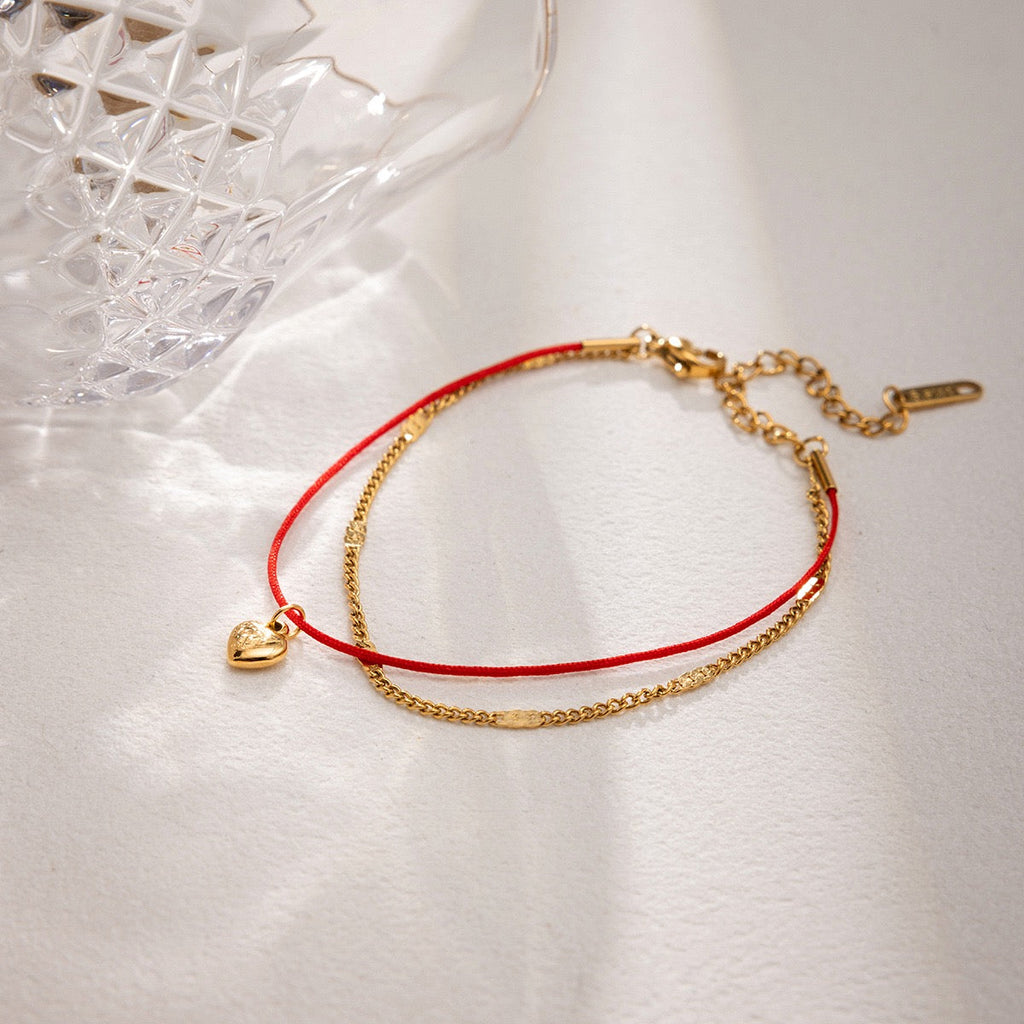 14K Gold Heart Pendant Red Cord Double-Layer Bracelet