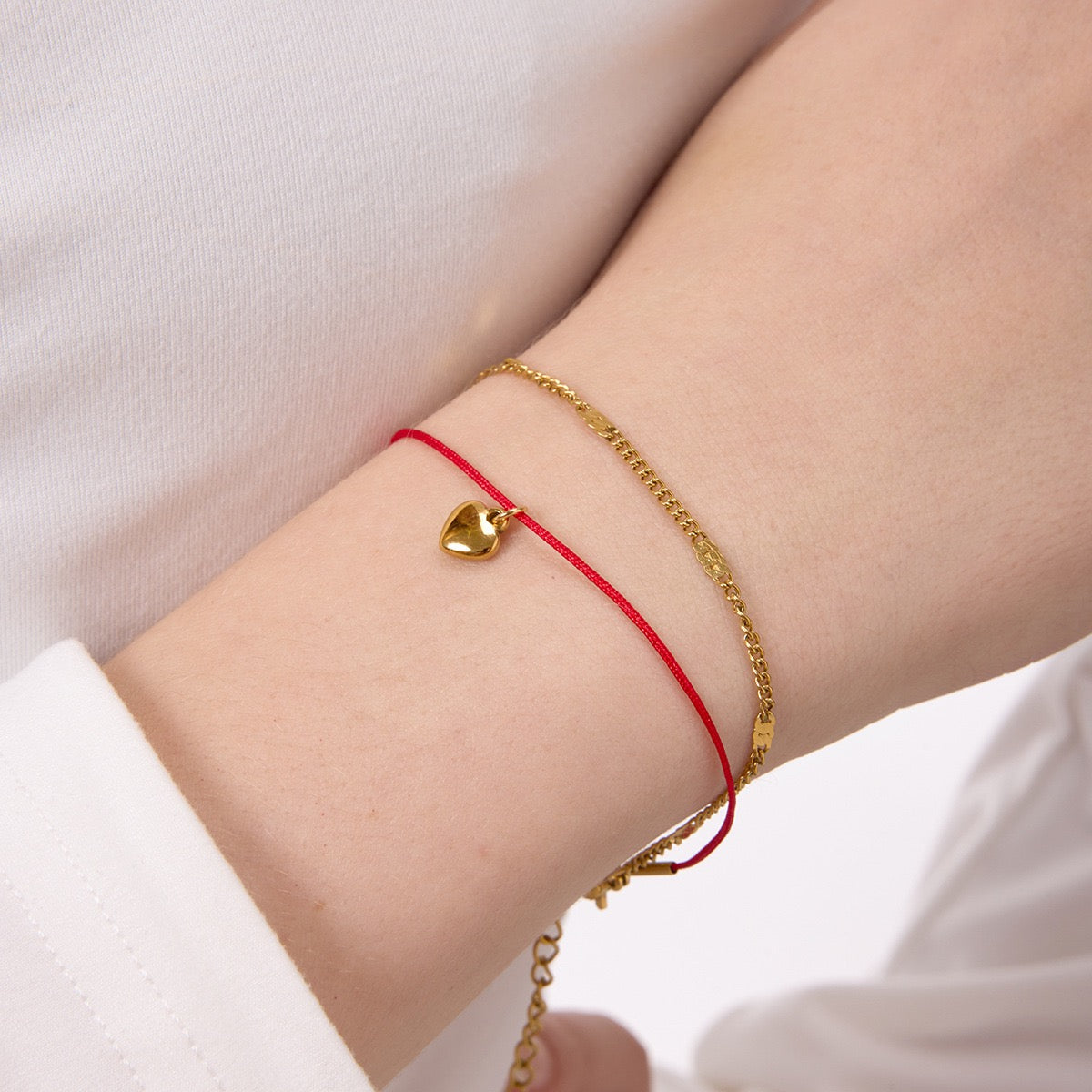 14K Gold Heart Pendant Red Cord Double-Layer Bracelet