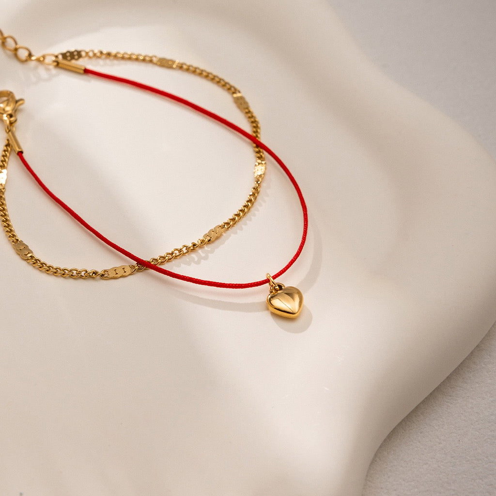 14K Gold Heart Pendant Red Cord Double-Layer Bracelet