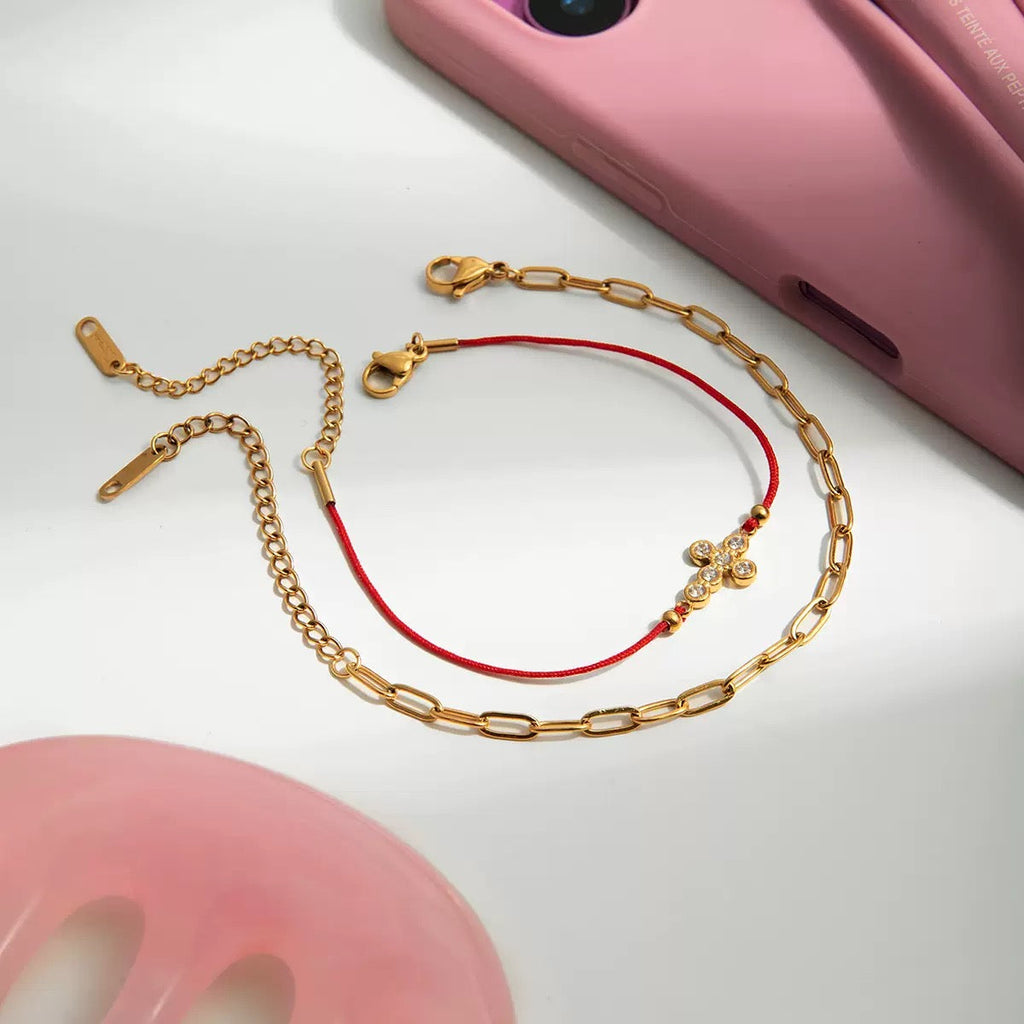 14K Gold Cross & Red Cord Layered Bracelet
