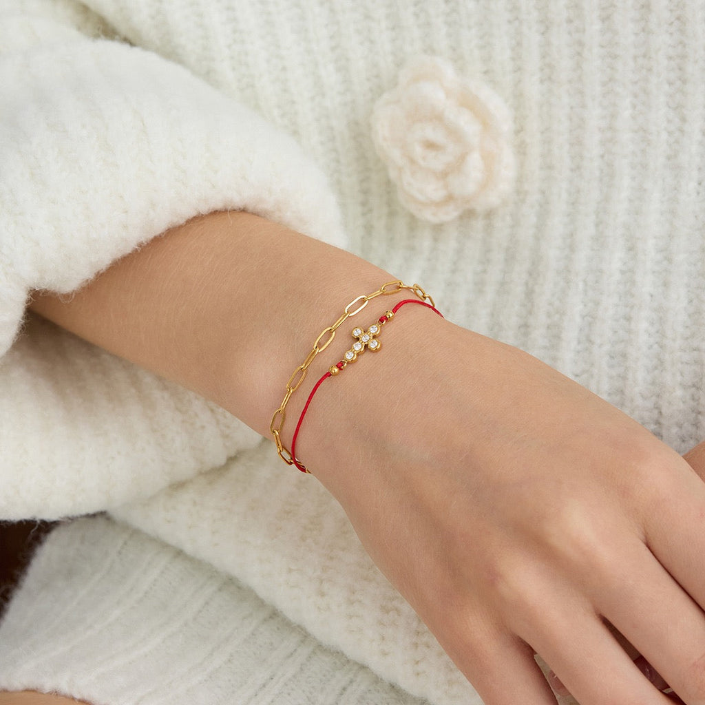 14K Gold Cross & Red Cord Layered Bracelet