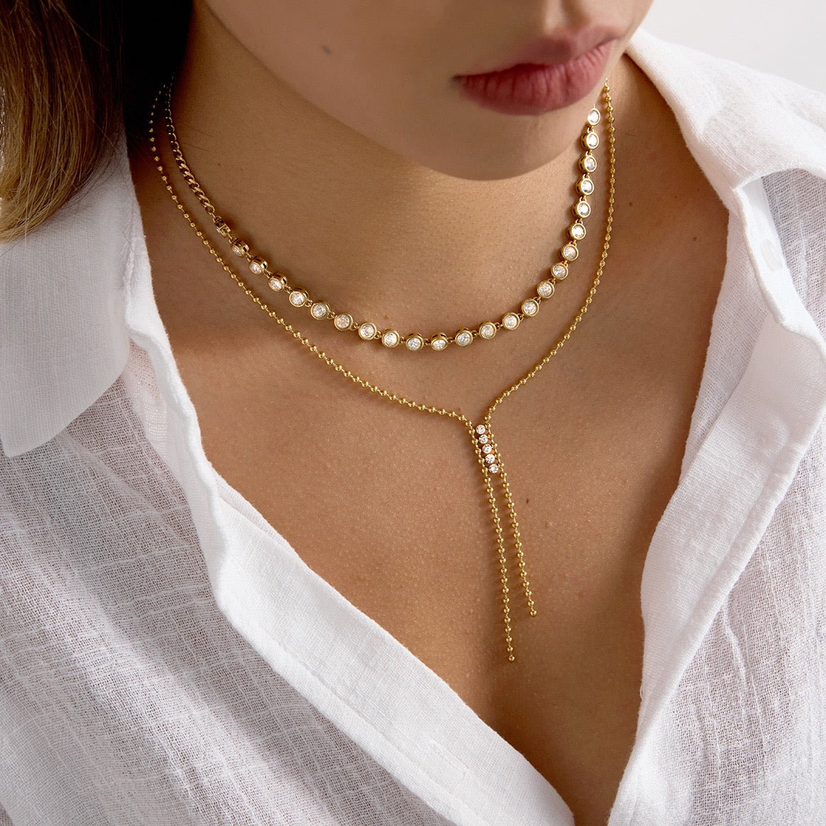 14K Gold Y-Shaped Crystal Bead Necklace