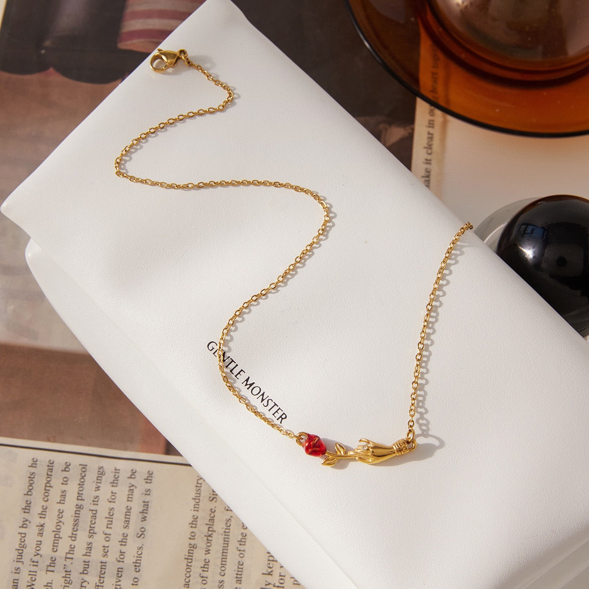 14K Gold “Red Rose in Hand” Pendant Necklace
