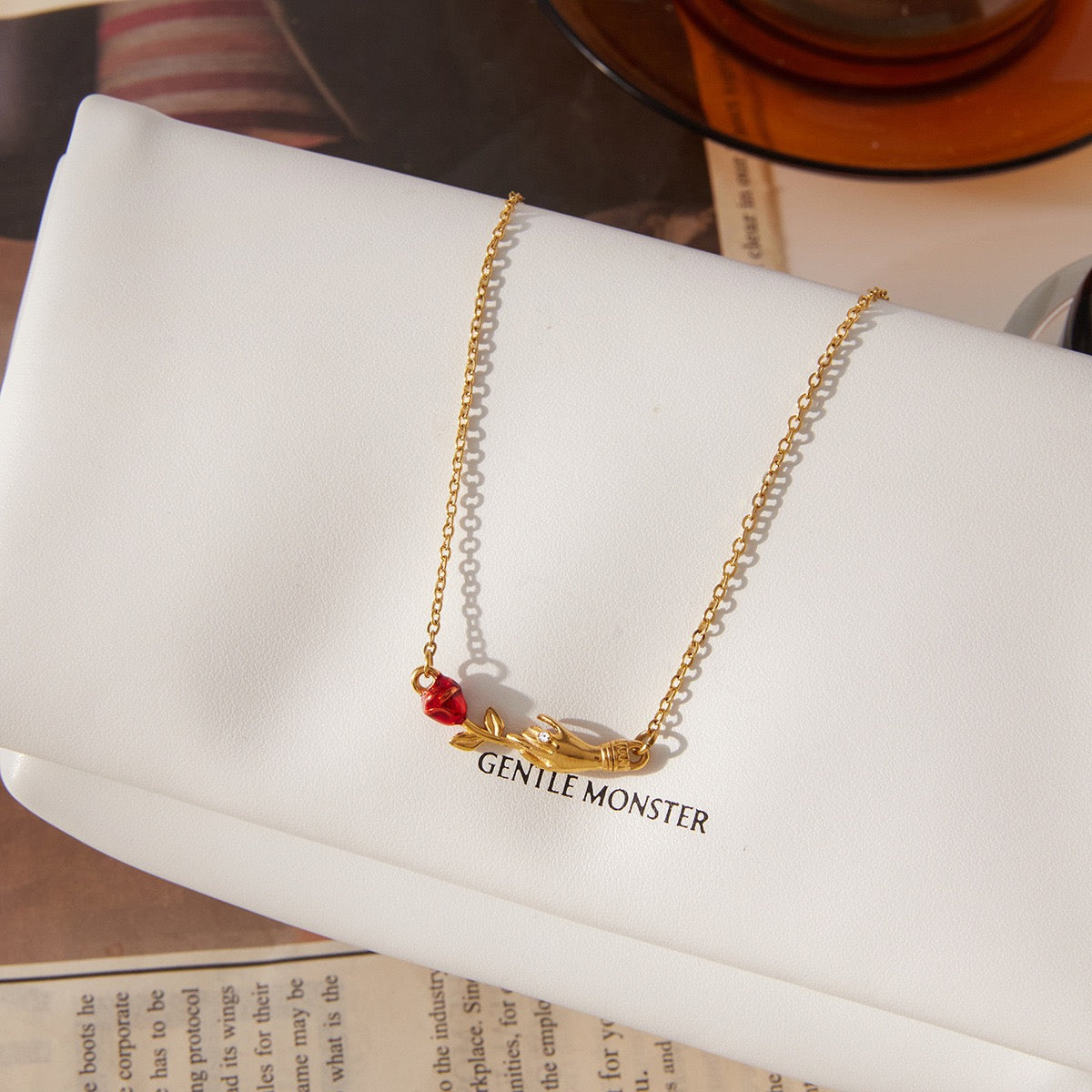14K Gold “Red Rose in Hand” Pendant Necklace
