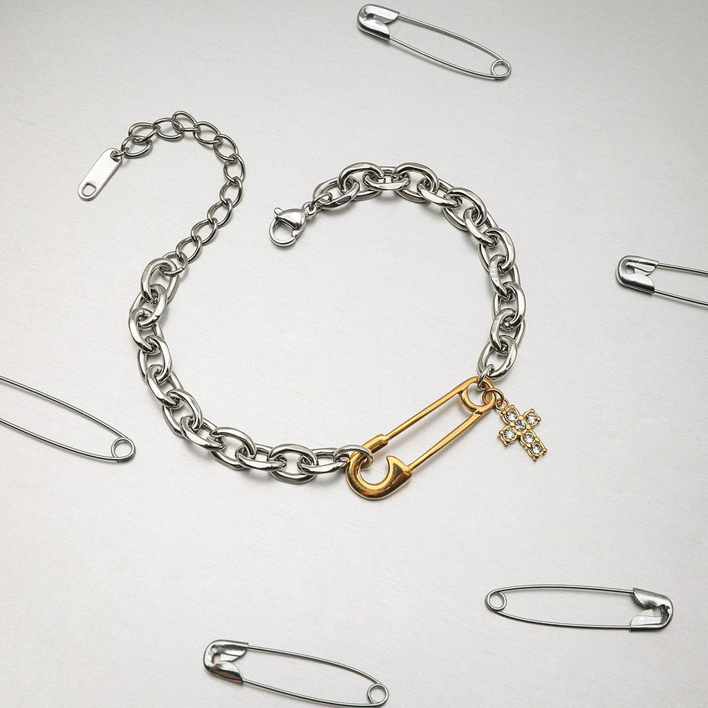 Two-Tone Cross & Safety Pin Pendant Bracelet