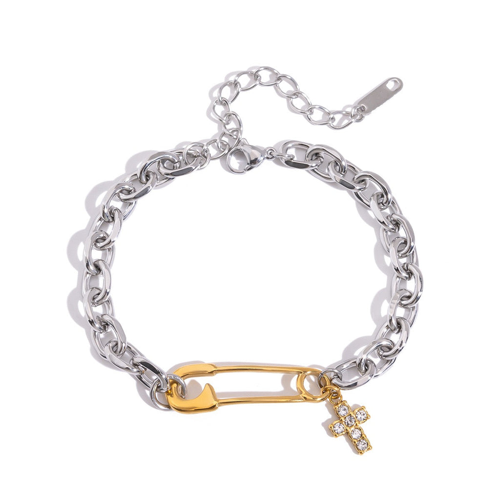 Two-Tone Cross & Safety Pin Pendant Bracelet