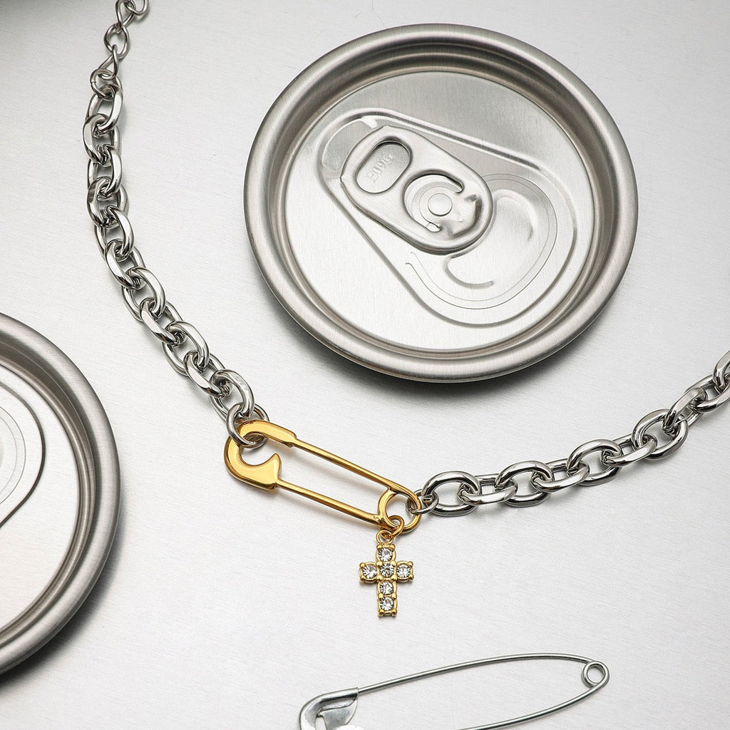 Two-Tone Cross & Safety Pin Pendant Bracelet