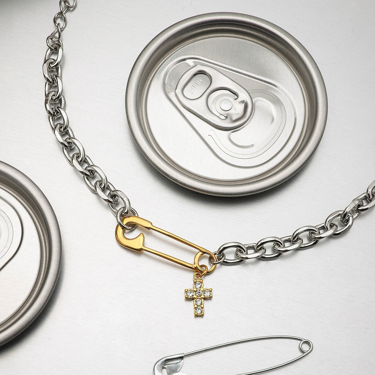 Two-Tone Cross & Safety Pin Pendant Bracelet