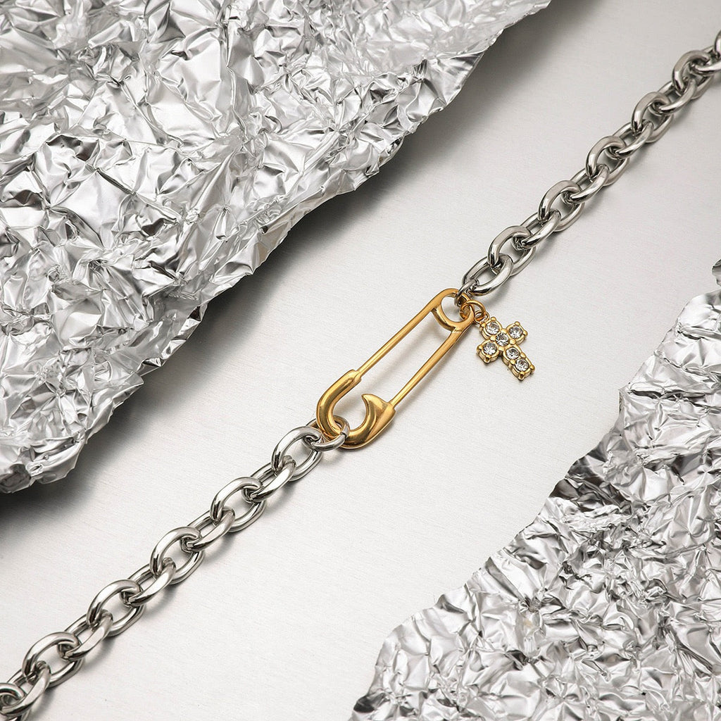Two-Tone Cross & Safety Pin Pendant Bracelet