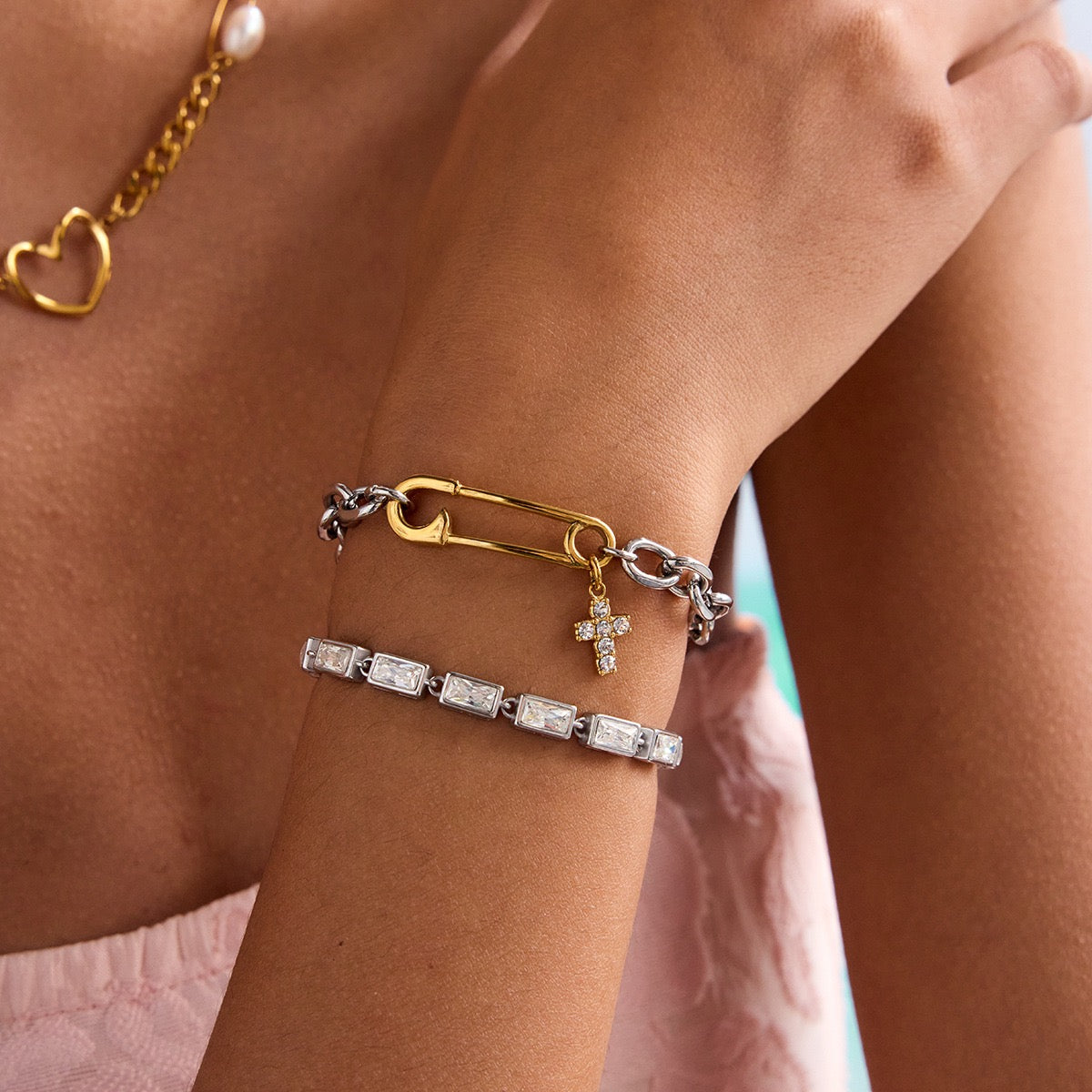 Two-Tone Cross & Safety Pin Pendant Bracelet