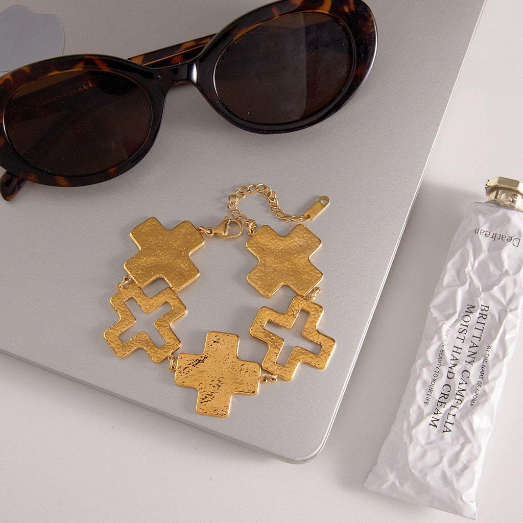 14K Gold Hammered Cross Bracelet