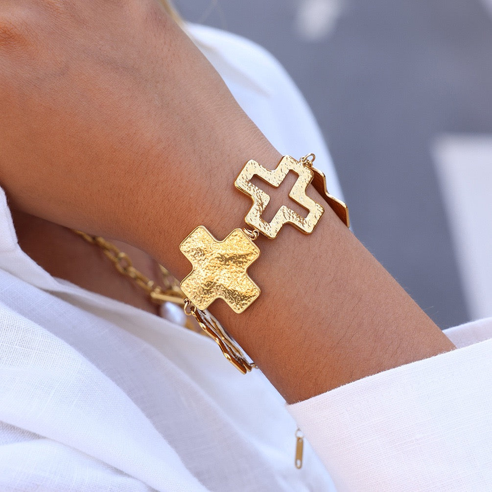 14K Gold Hammered Cross Bracelet