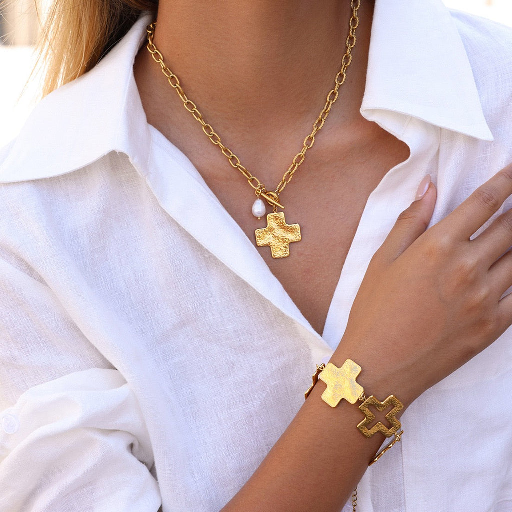 14K Gold Hammered Cross Bracelet