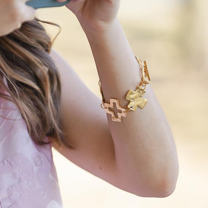 14K Gold Hammered Cross Bracelet