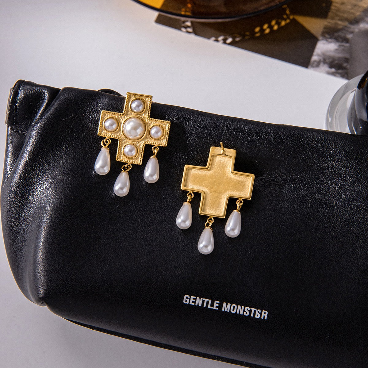 Vintage Gold Cross & Freshwater Pearl Drop Earrings