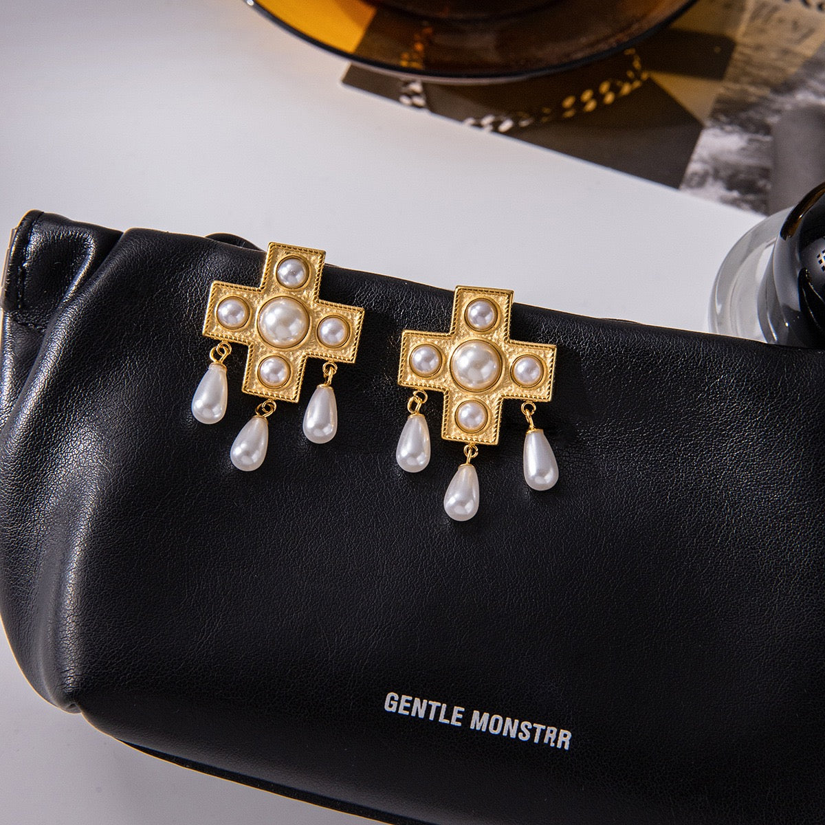 Vintage Gold Cross & Freshwater Pearl Drop Earrings