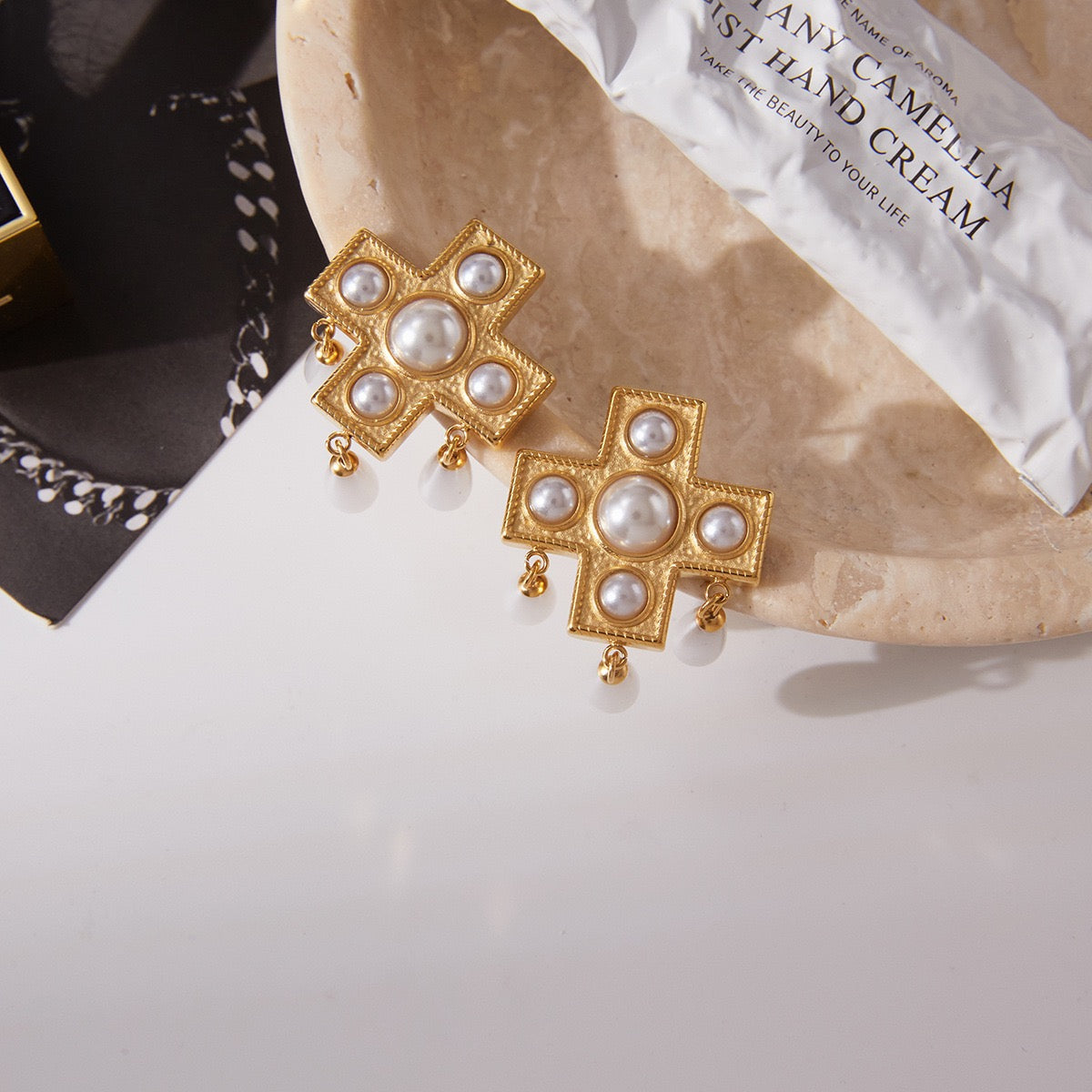 Vintage Gold Cross & Freshwater Pearl Drop Earrings