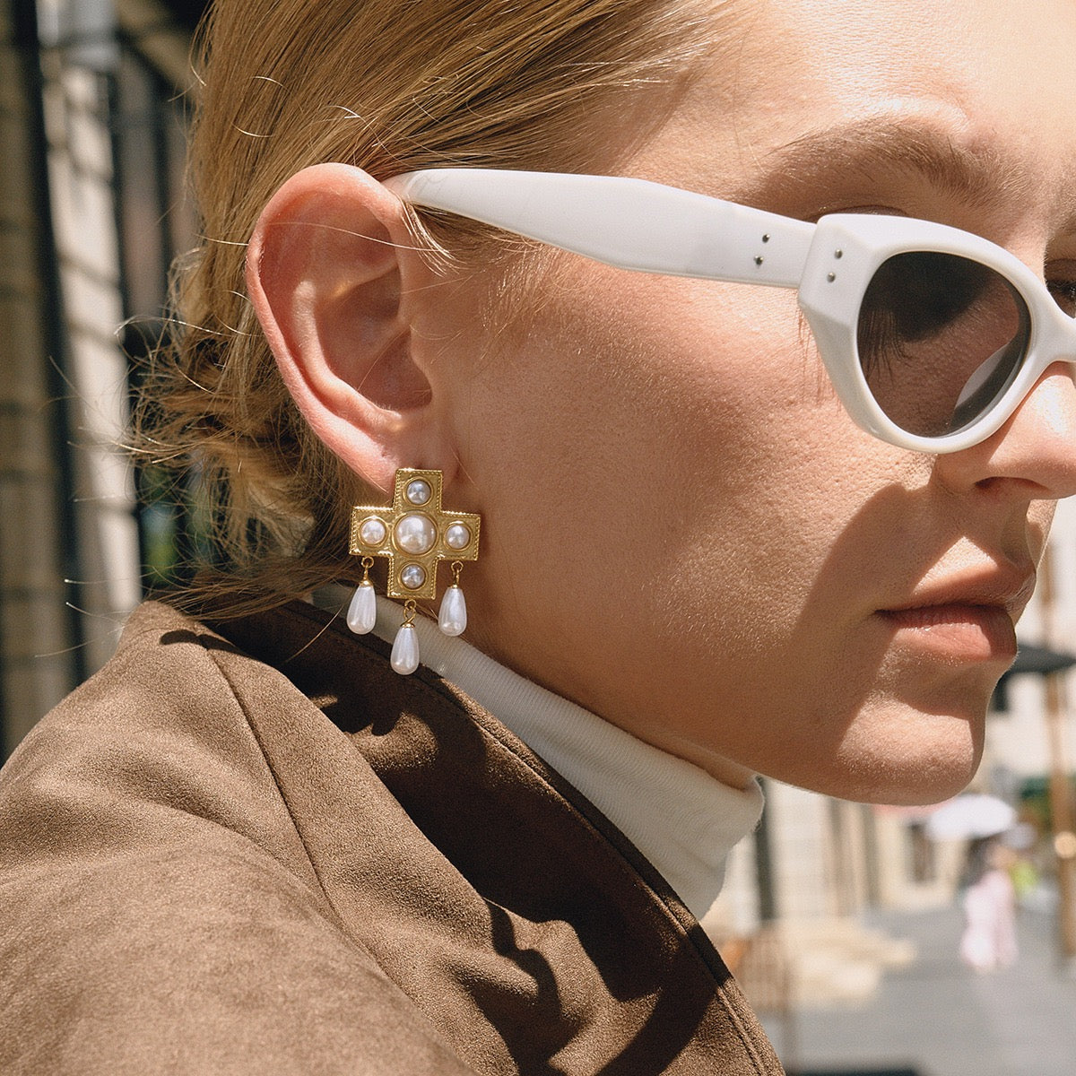 Vintage Gold Cross & Freshwater Pearl Drop Earrings