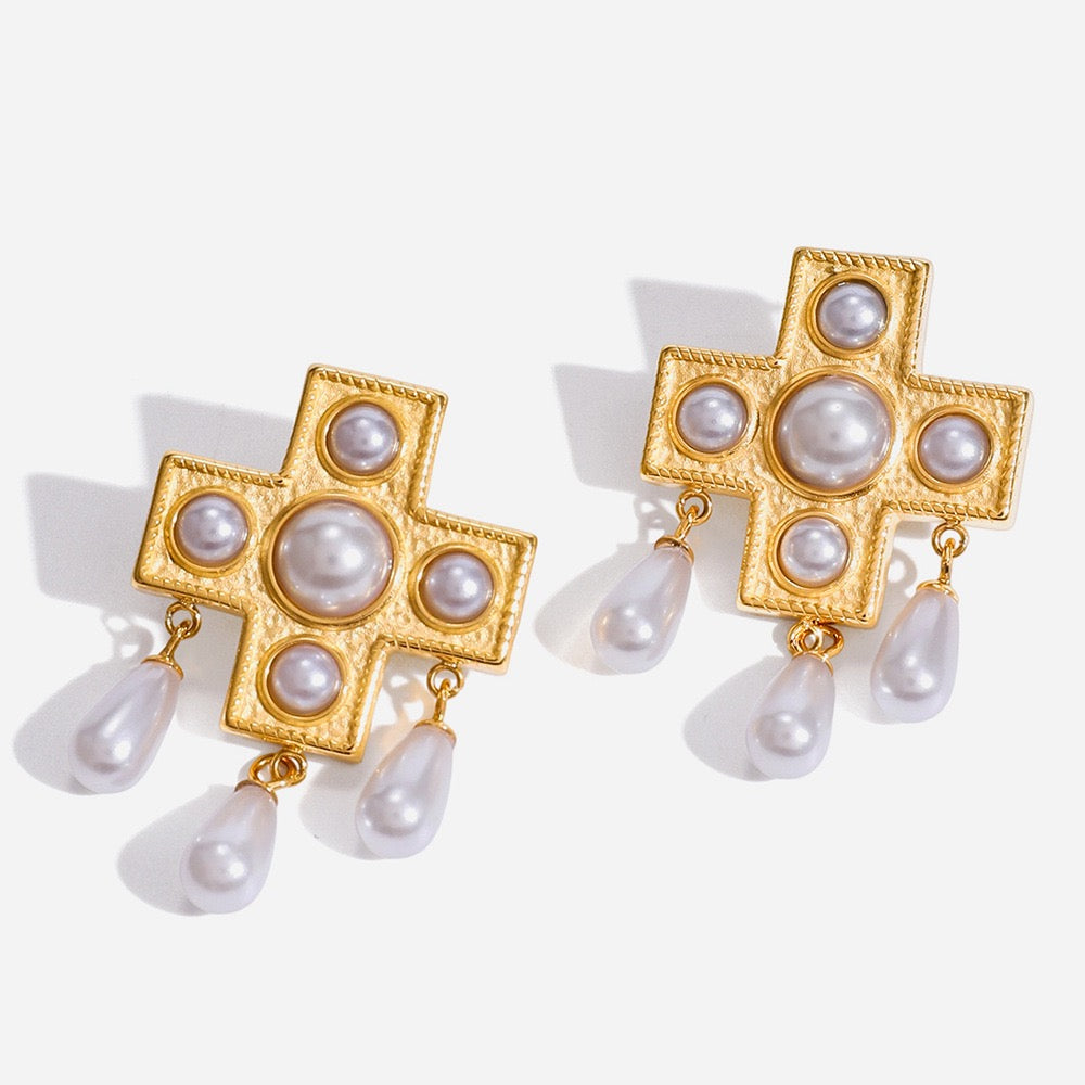 Vintage Gold Cross & Freshwater Pearl Drop Earrings