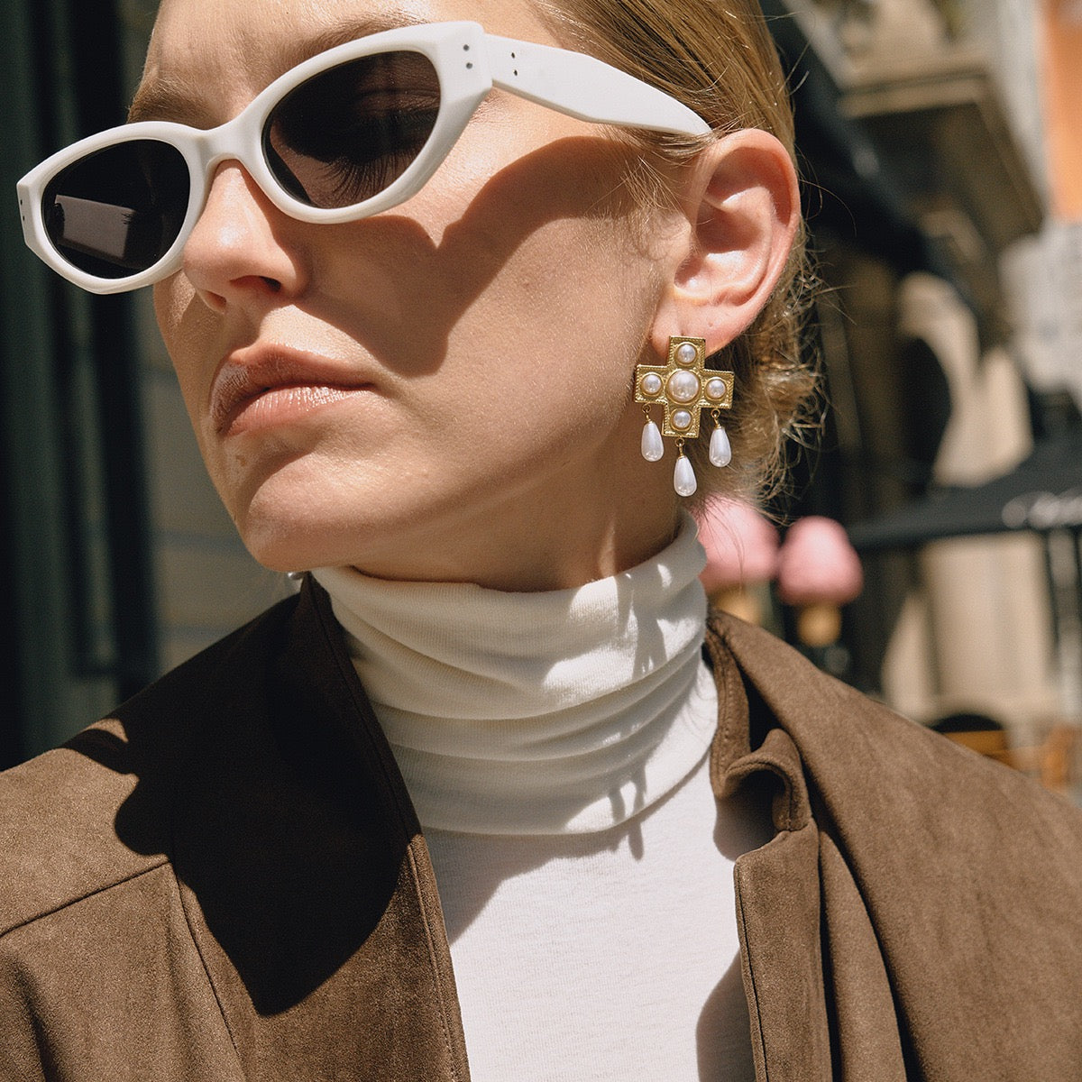 Vintage Gold Cross & Freshwater Pearl Drop Earrings