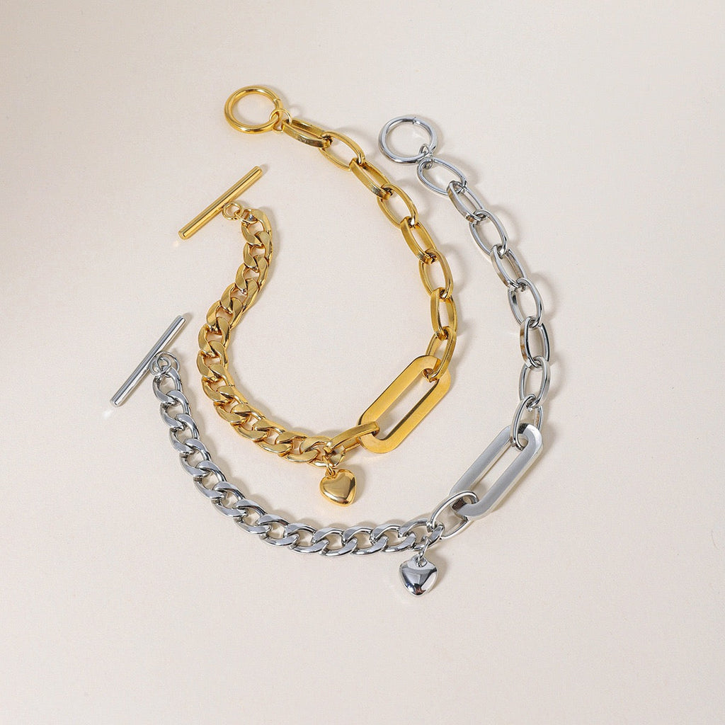 14K Gold Cuban × Oval Link Heart Pendant Bracelet