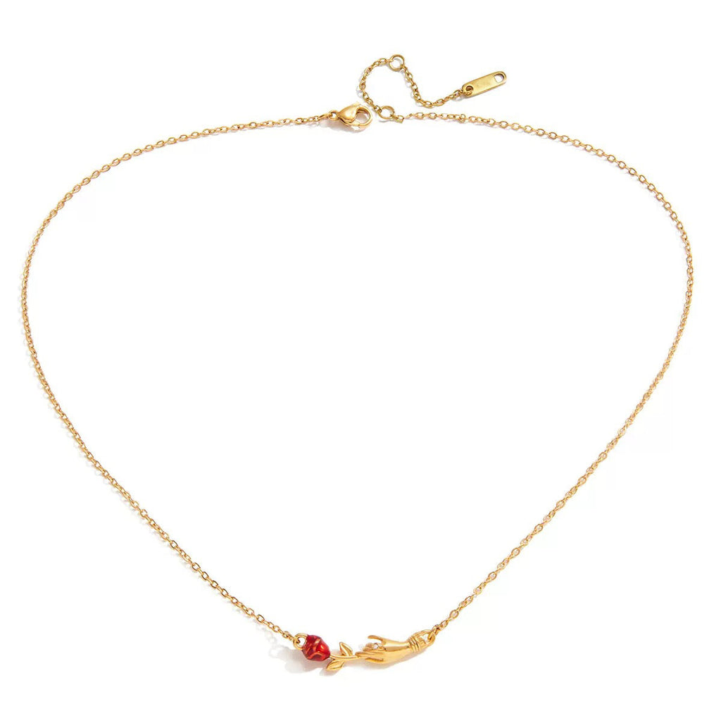 14K Gold “Red Rose in Hand” Pendant Necklace