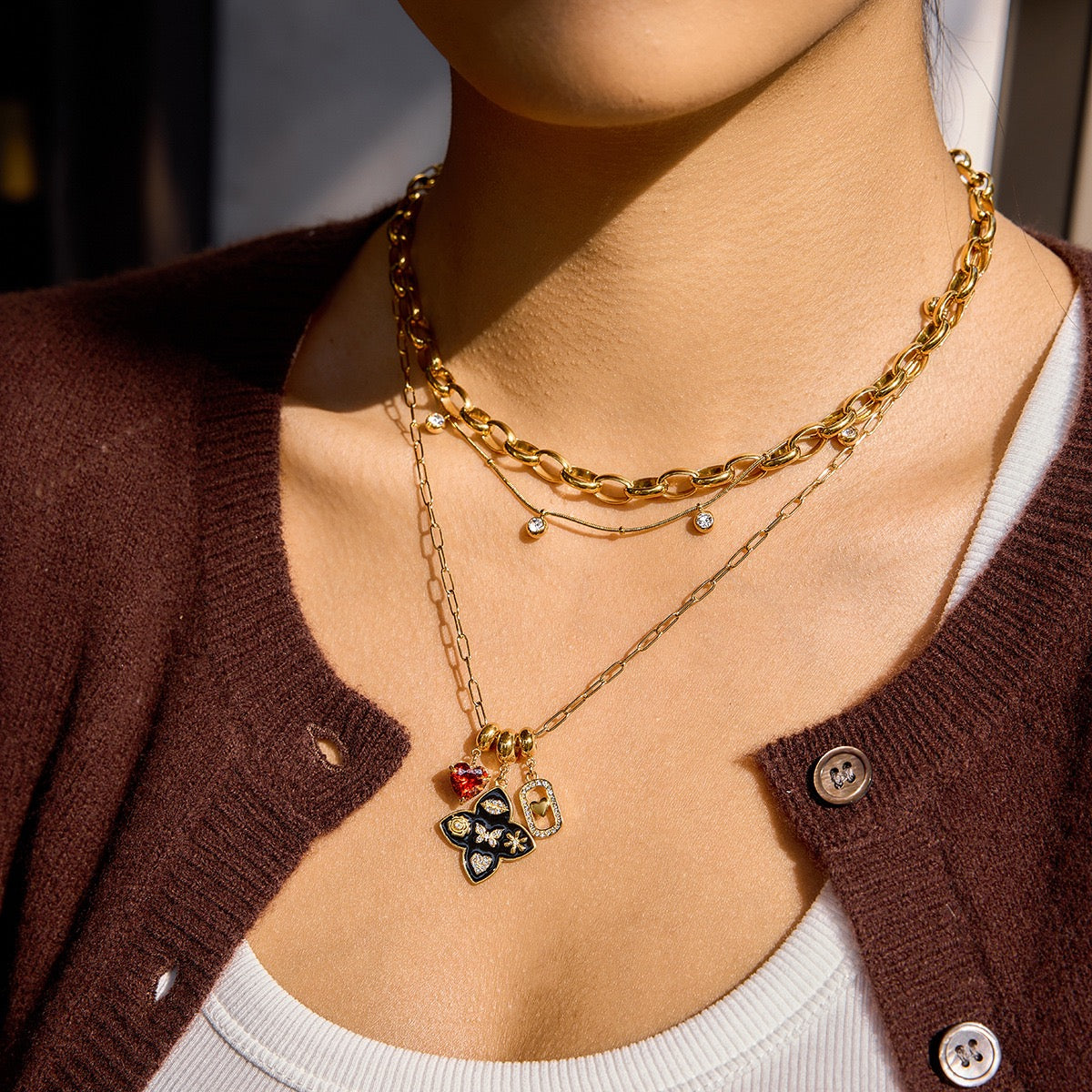 Lucky Heart Triple Charm Necklace