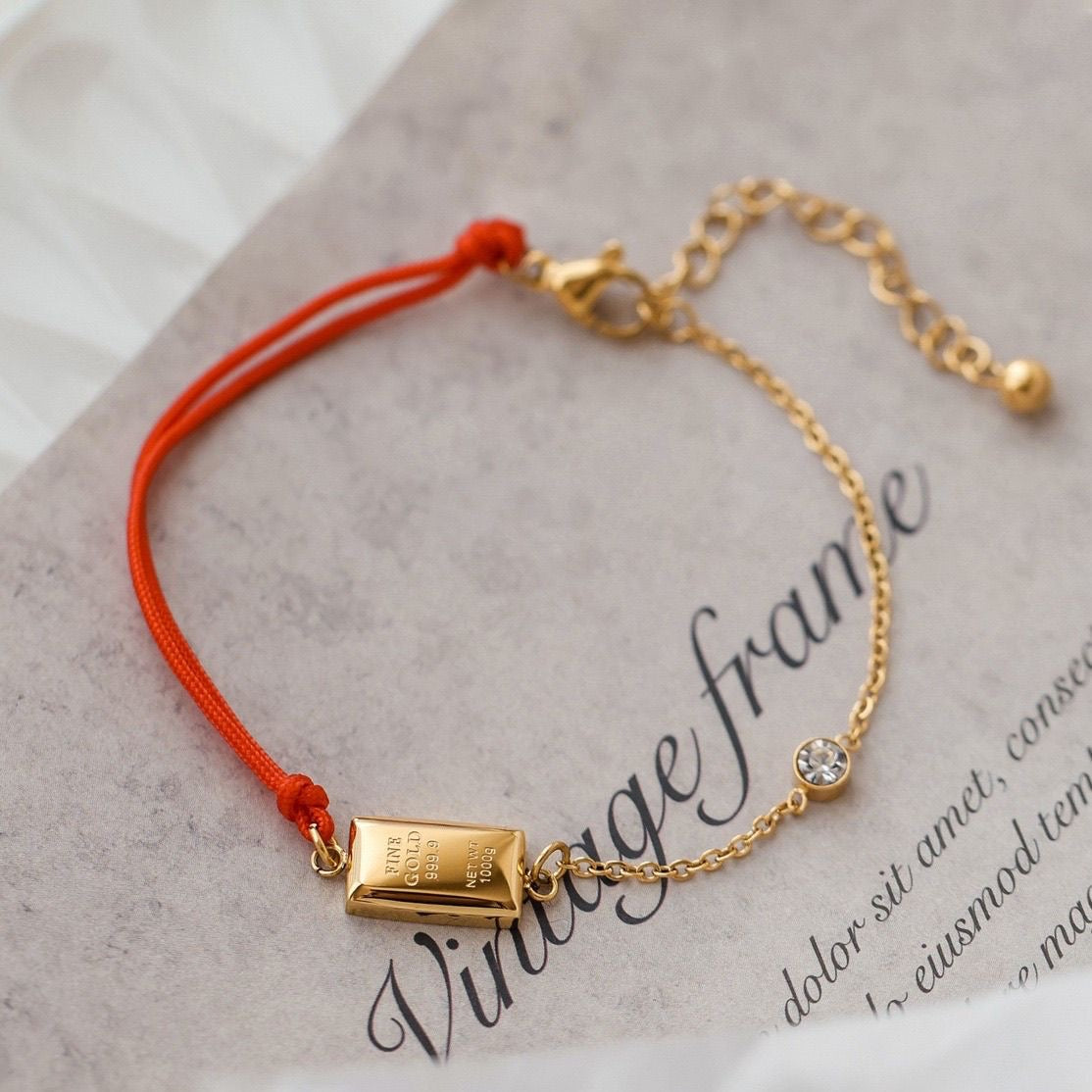 14K Gold Bar Red Cord Bracelet – Minimal Lucky Charm