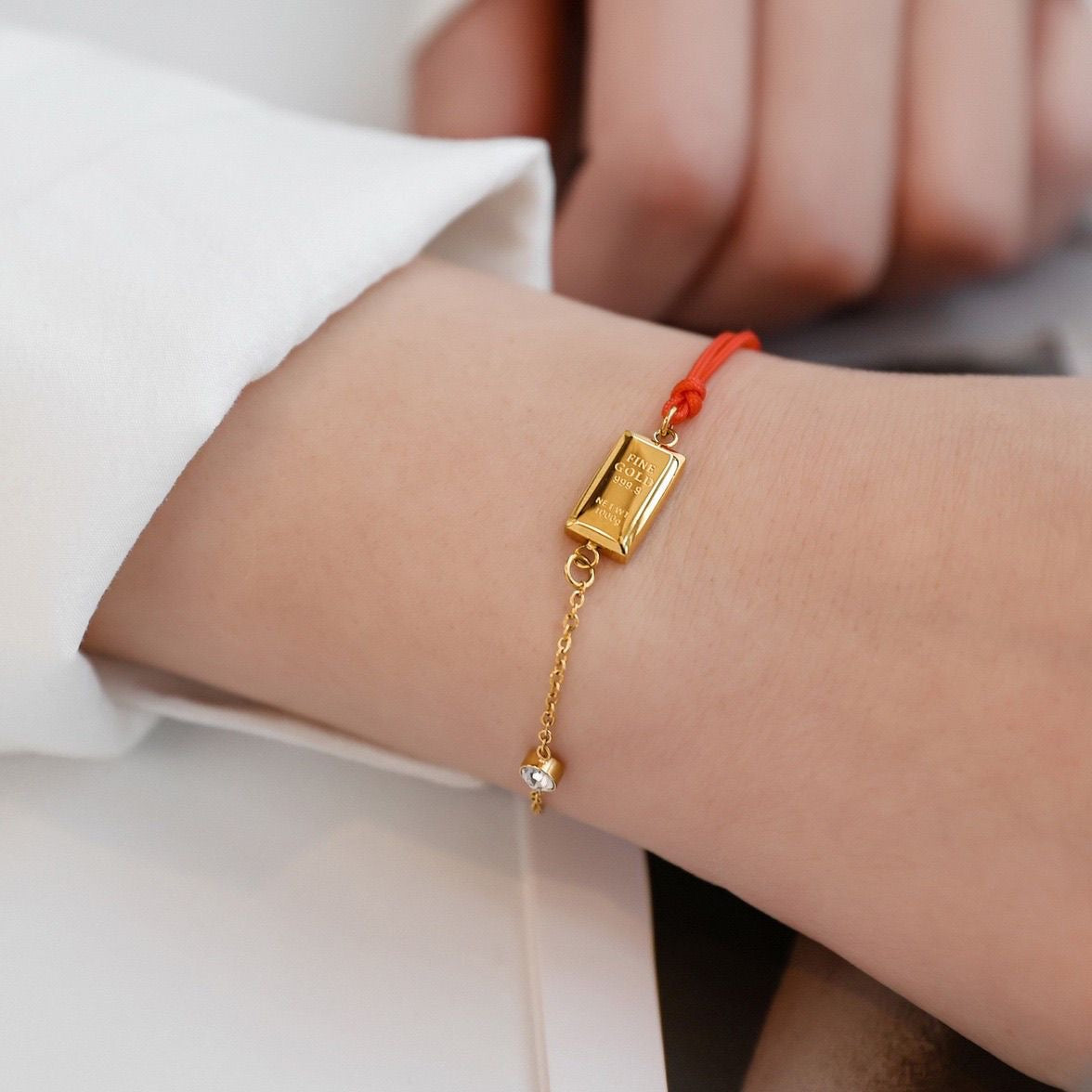14K Gold Bar Red Cord Bracelet – Minimal Lucky Charm
