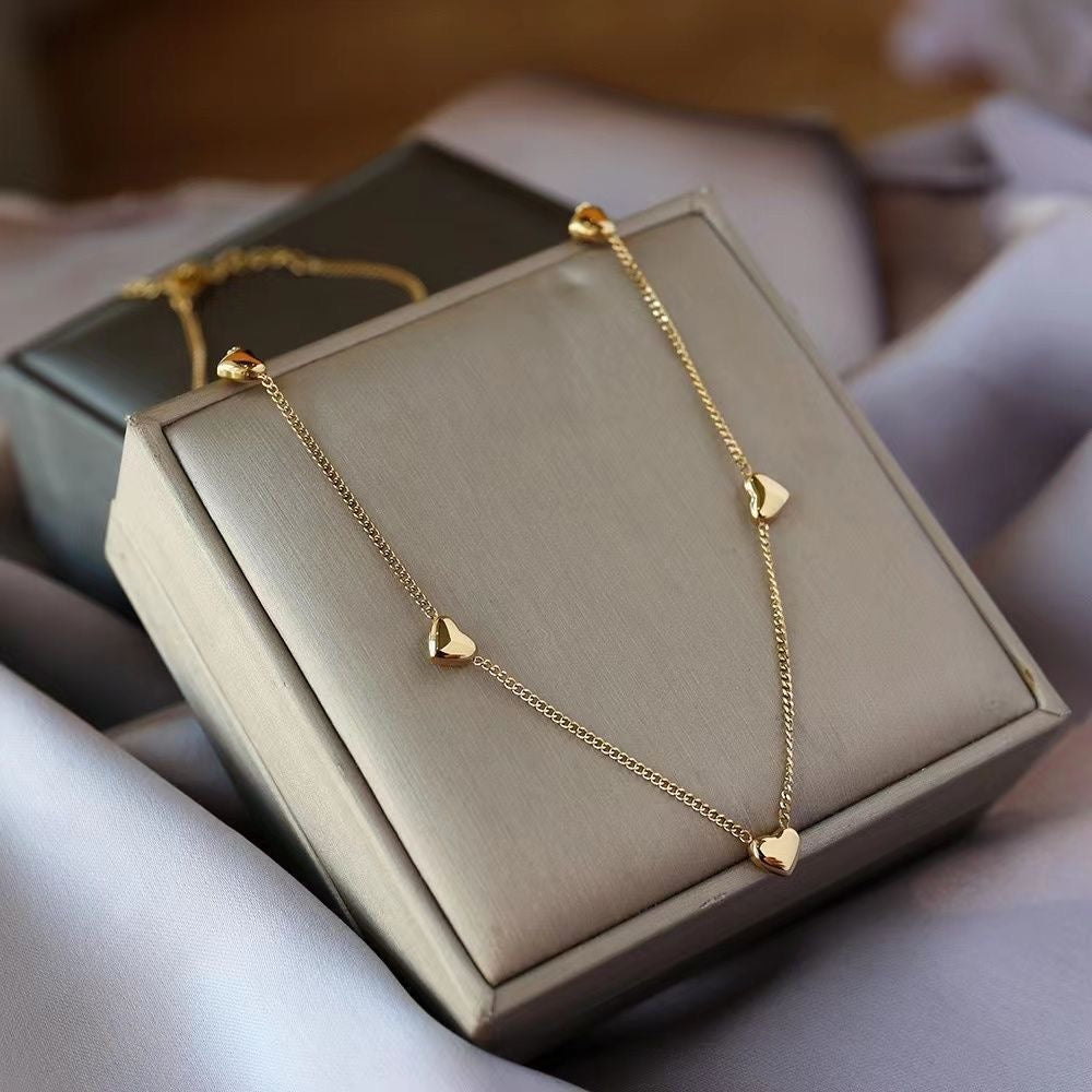 14K Gold Heart Station Chain Necklace