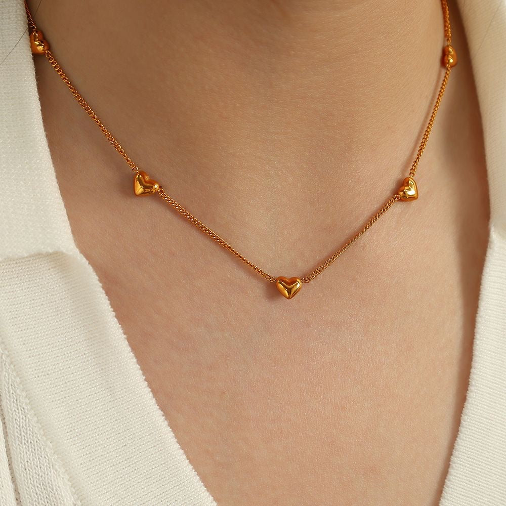 14K Gold Heart Station Chain Necklace