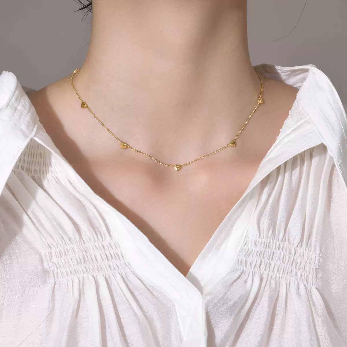 14K Gold Heart Station Chain Necklace