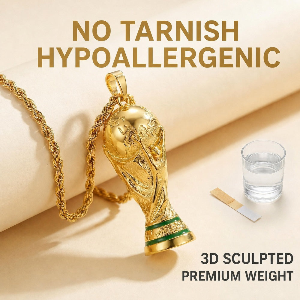 Gold World Cup Trophy Necklace — Waterproof, Hypoallergenic, 23.6" Chain