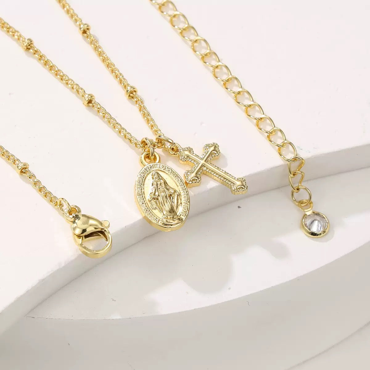 Tiny Virgin Mary & Cross Necklace