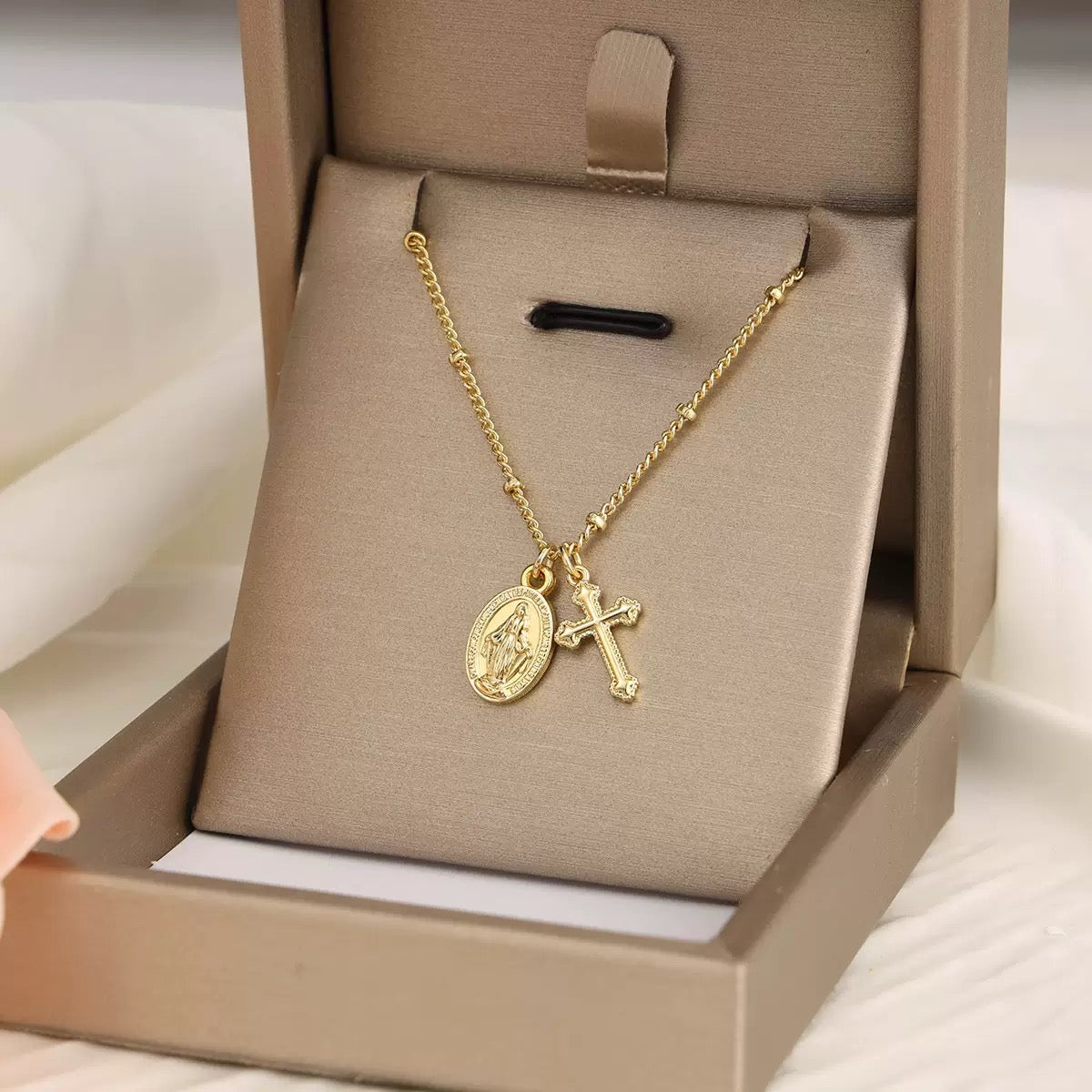 Tiny Virgin Mary & Cross Necklace