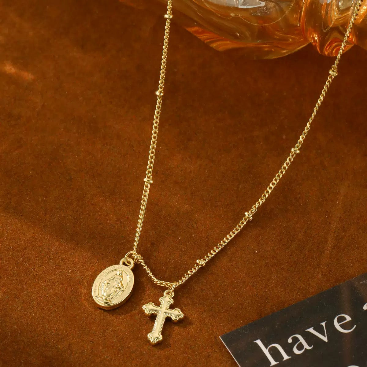 Tiny Virgin Mary & Cross Necklace