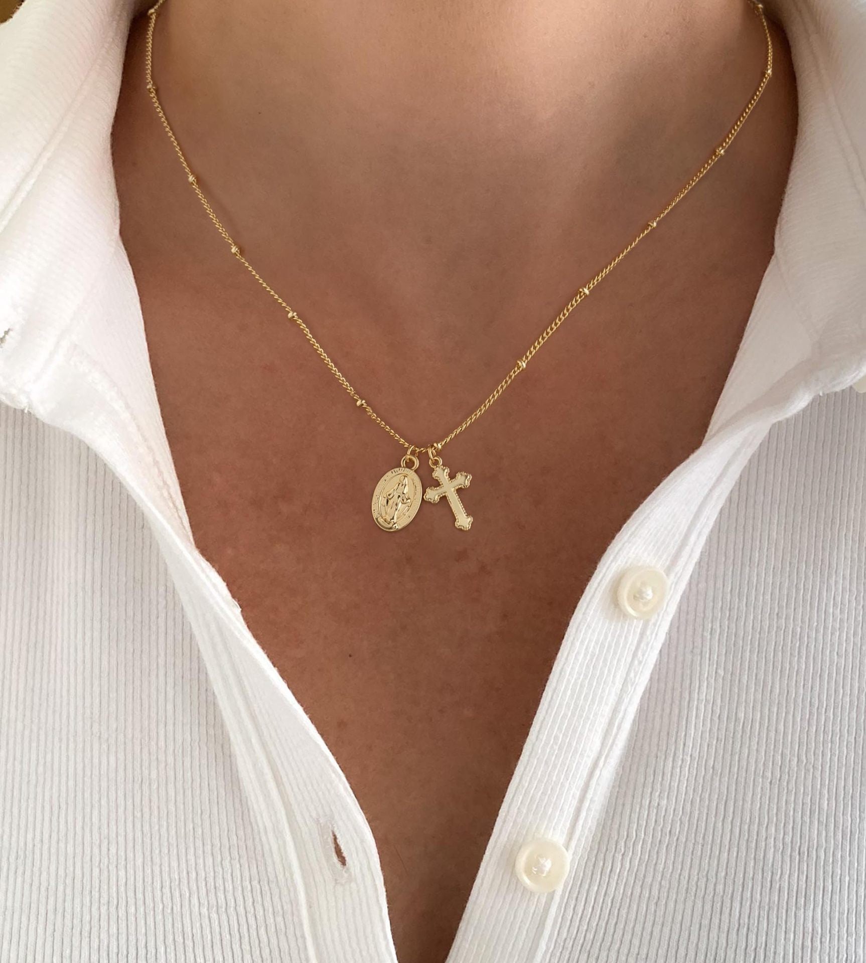 Tiny Virgin Mary & Cross Necklace