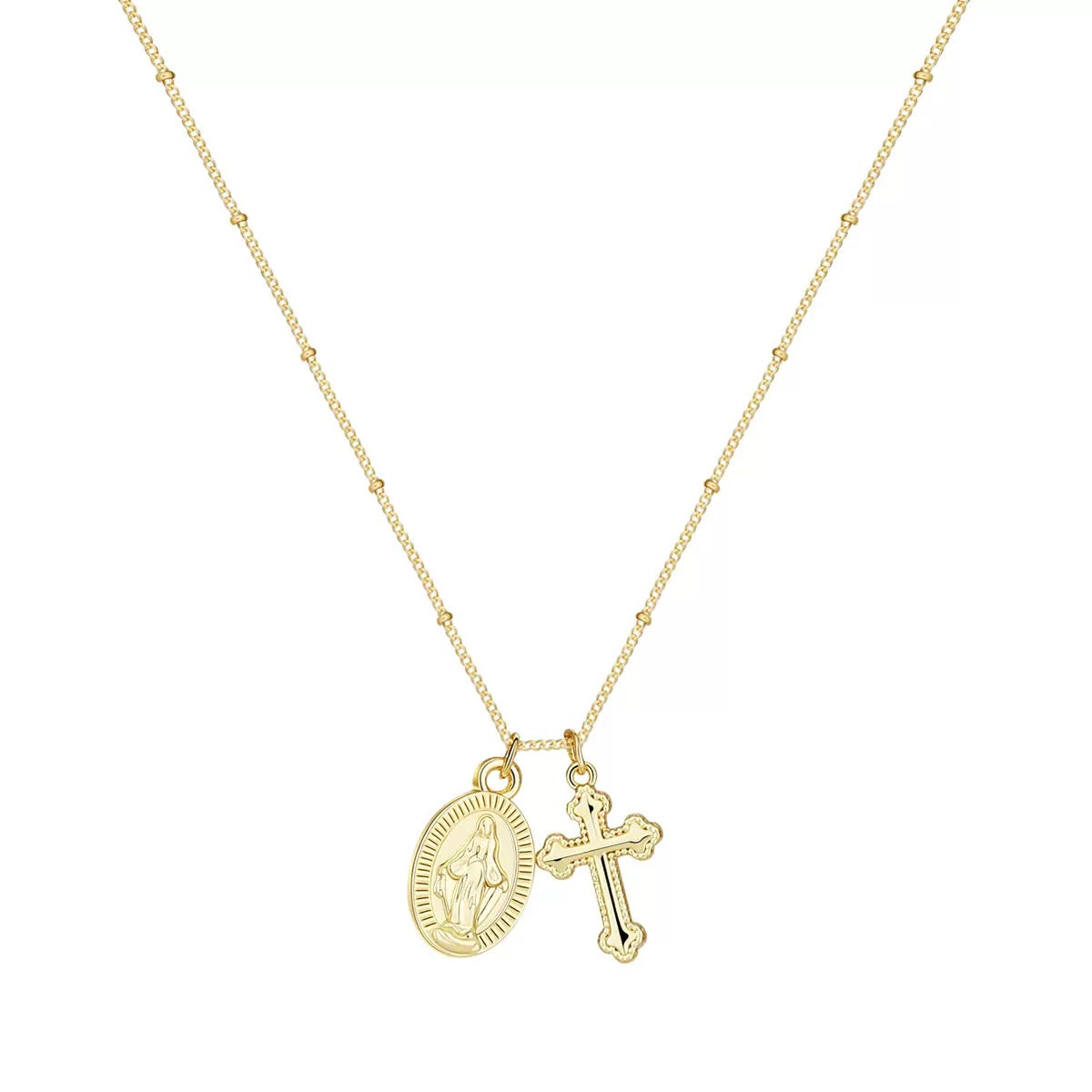 Tiny Virgin Mary & Cross Necklace