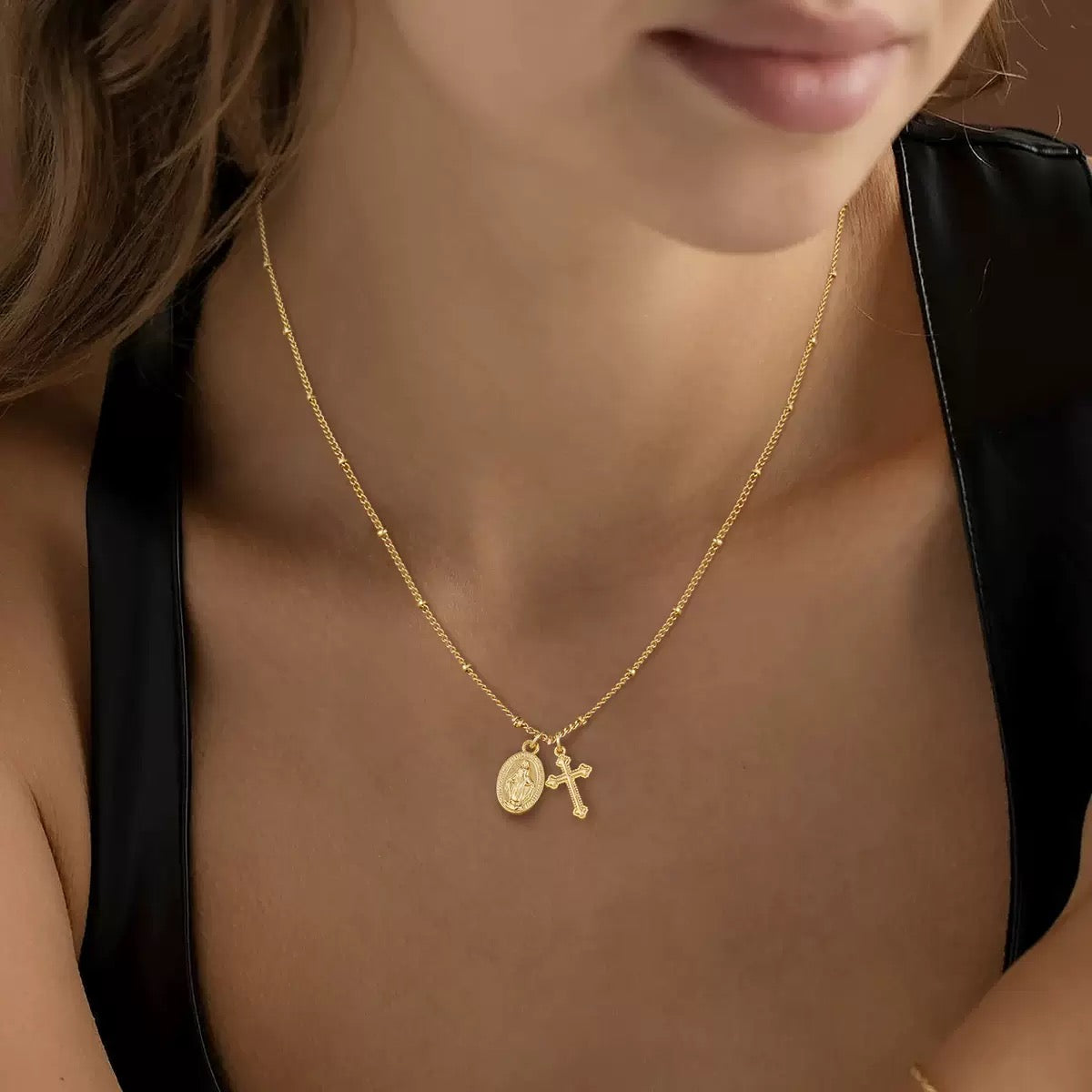 Tiny Virgin Mary & Cross Necklace