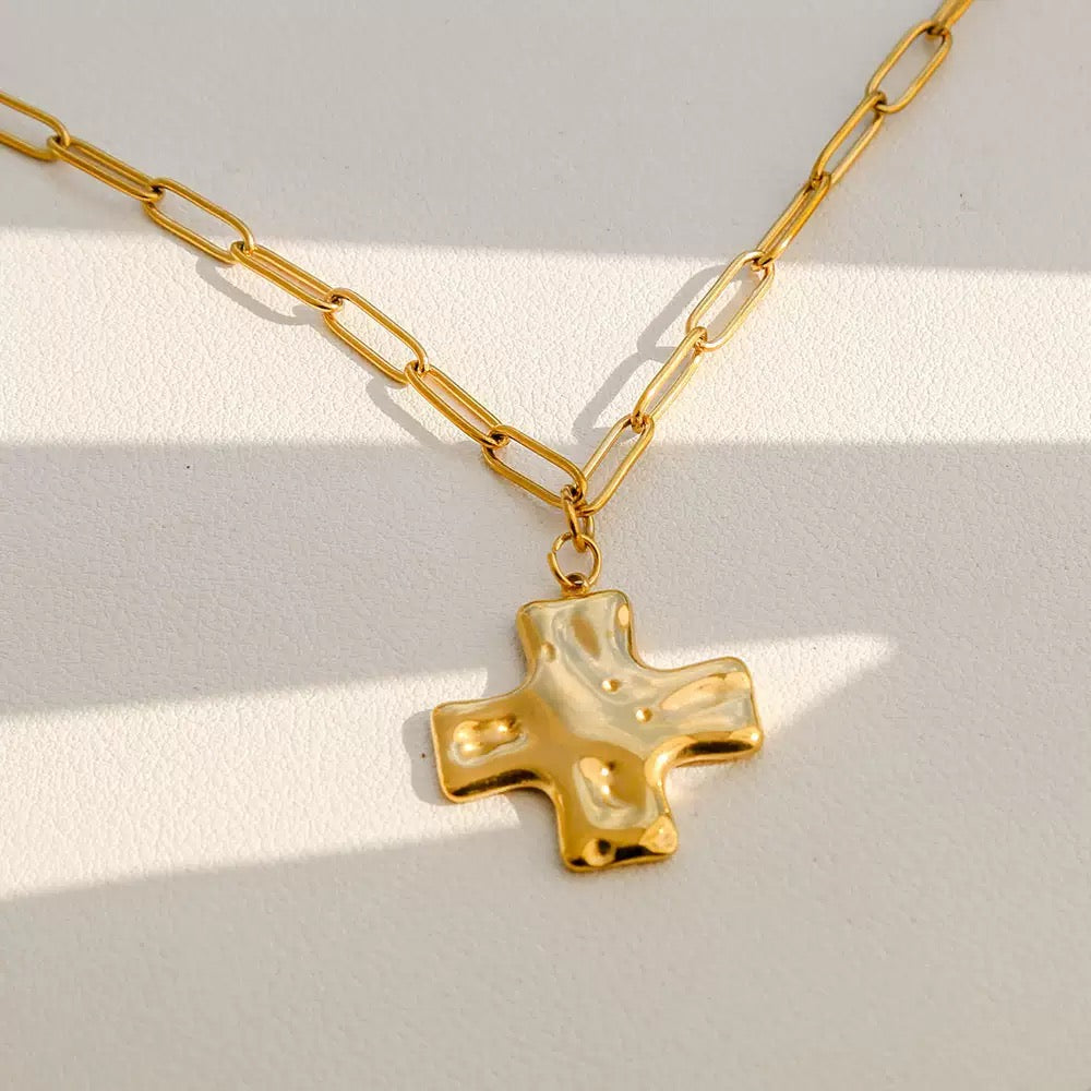 Hammered Cross Pendant Paperclip Chain Necklace
