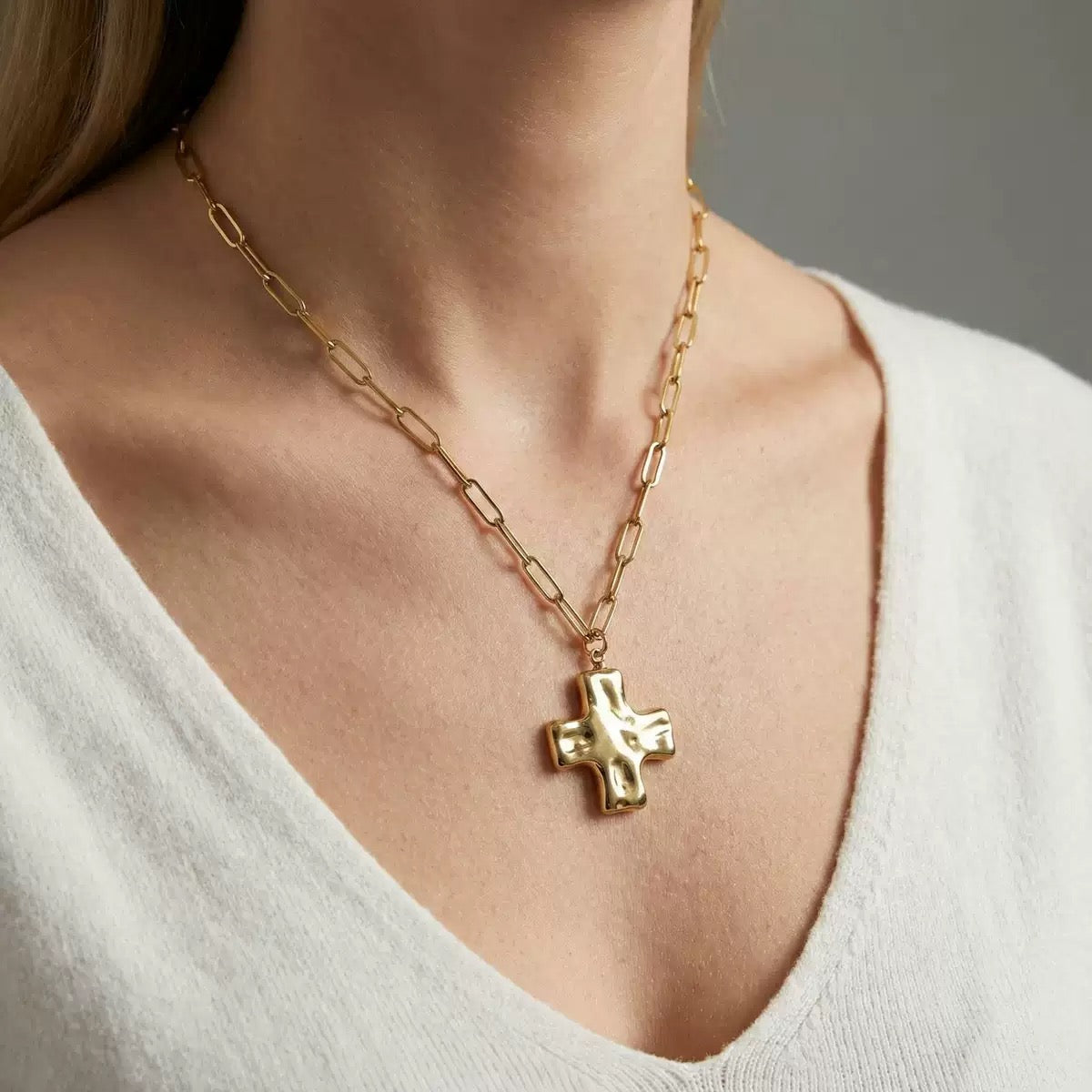 Hammered Cross Pendant Paperclip Chain Necklace